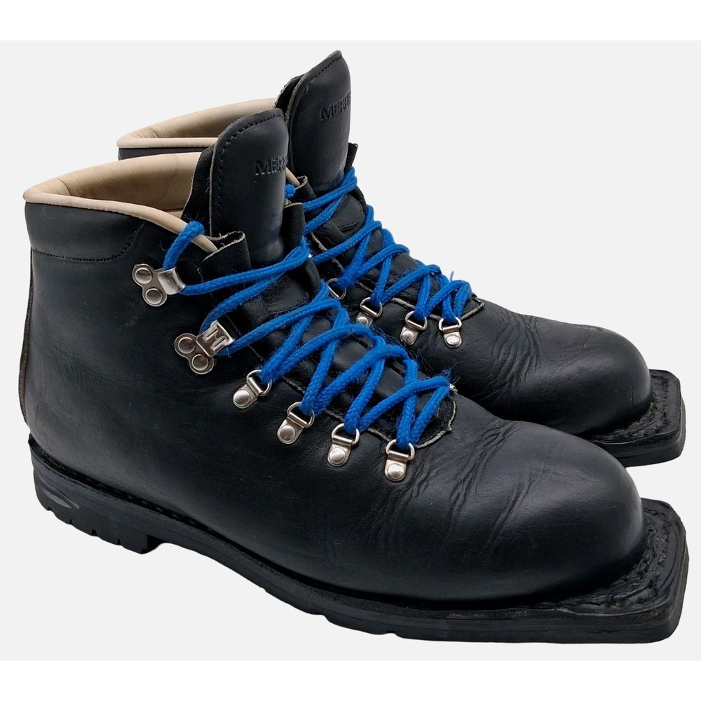 Vintage Merrell Telemark Boots Mens 10 Black Leather Hiking Ankle Vibram Italy